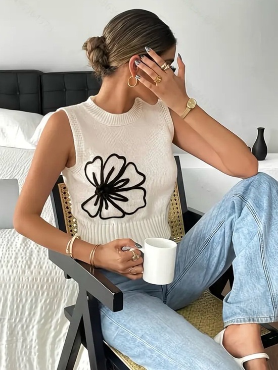 Tops - Sleeveless White Knit Tank with Black Floral Applique